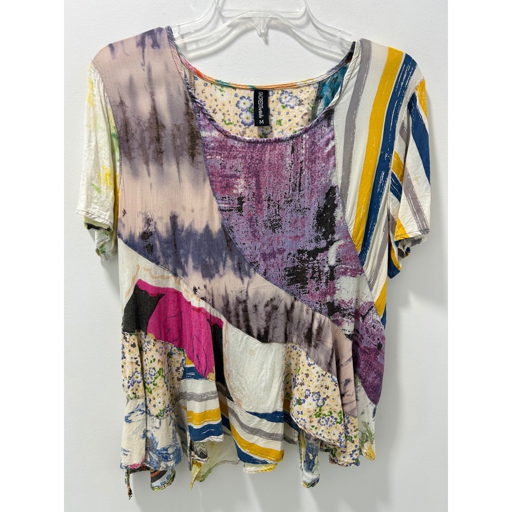 Sacred Threads Patchwork Floral Tie Dye Rayon Top Womens Medium Mixed Media Boho